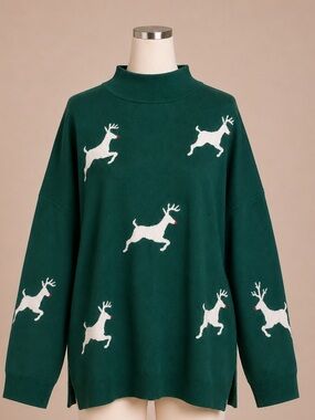 Chic Soul 2X Green Reindeer Christmas Sweater Mock Neck Plus Size Holiday